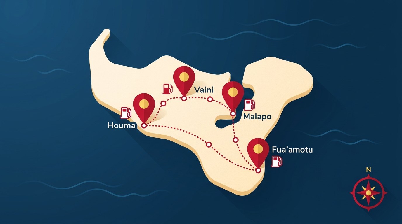 Map of Tongatapu showing the four Palu Fuel stations: Fuaʻamotu, Houma, Malapo, Vaini