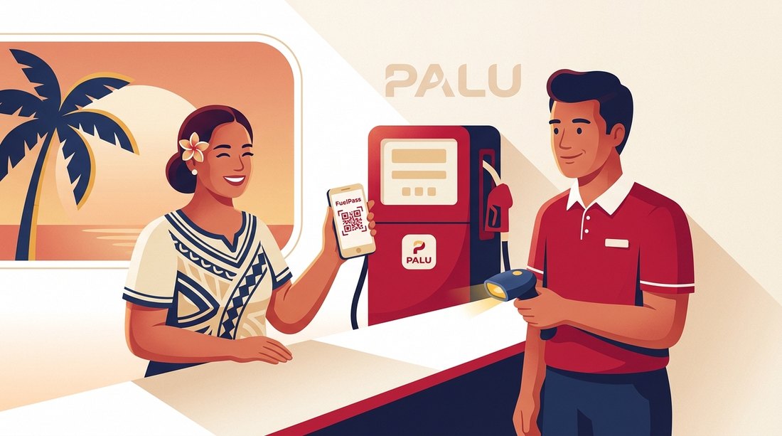 A customer showing their FuelPass phone to a Palu Fuel station attendant
